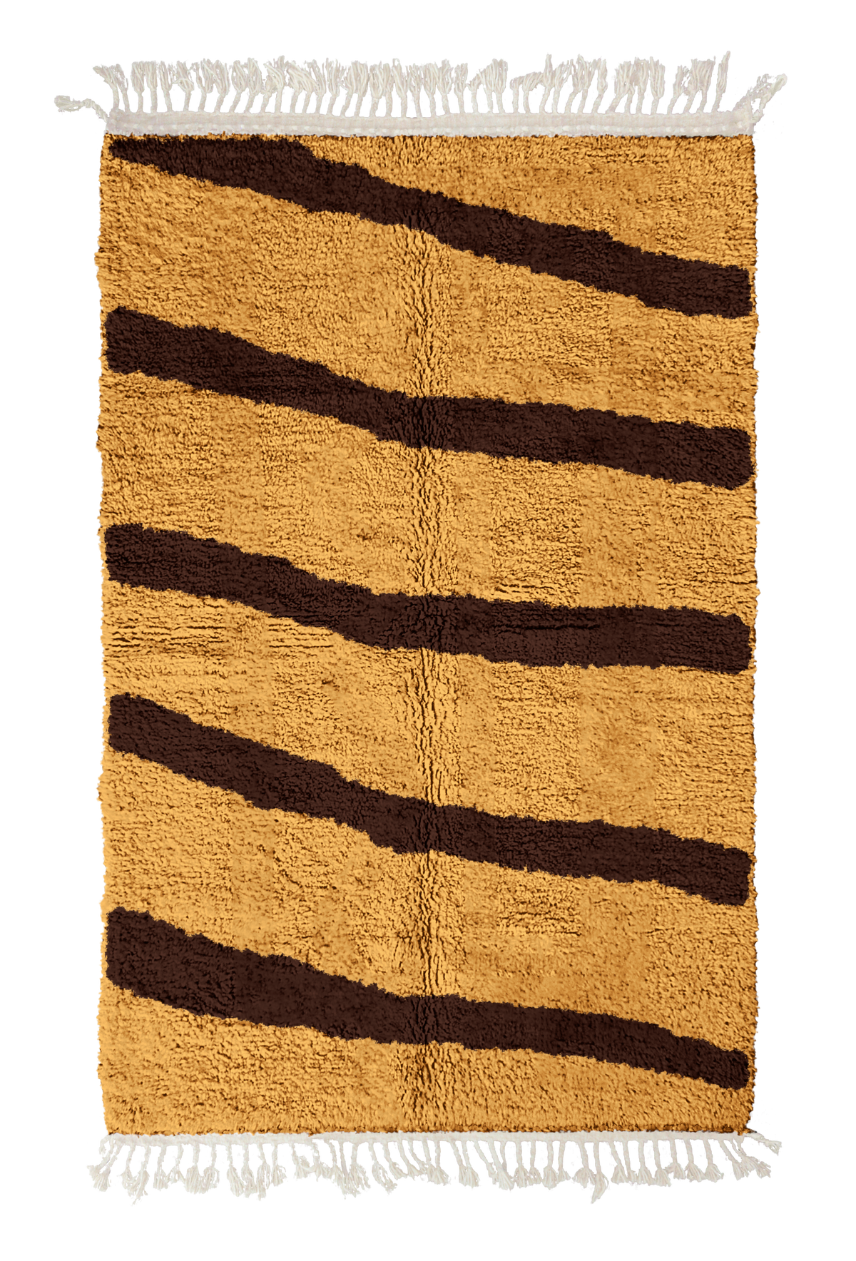 Open Stride zebra stripe wool rug, dark brown stripes on ochre yellow, full view from above with fringed ends