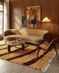 Load image into Gallery viewer, Brown and Ochre Yellow zebra stripe wool rug in a furnished room
