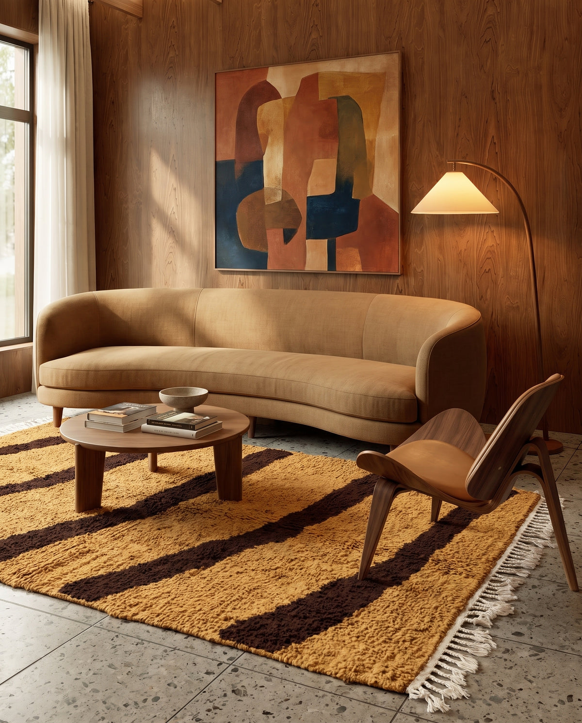 Brown and Ochre Yellow zebra stripe wool rug in a furnished room