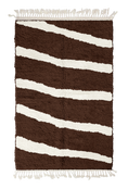 Load image into Gallery viewer, Open Stride zebra stripe wool rug, cream stripes on dark espresso brown, full view from above with fringed ends

