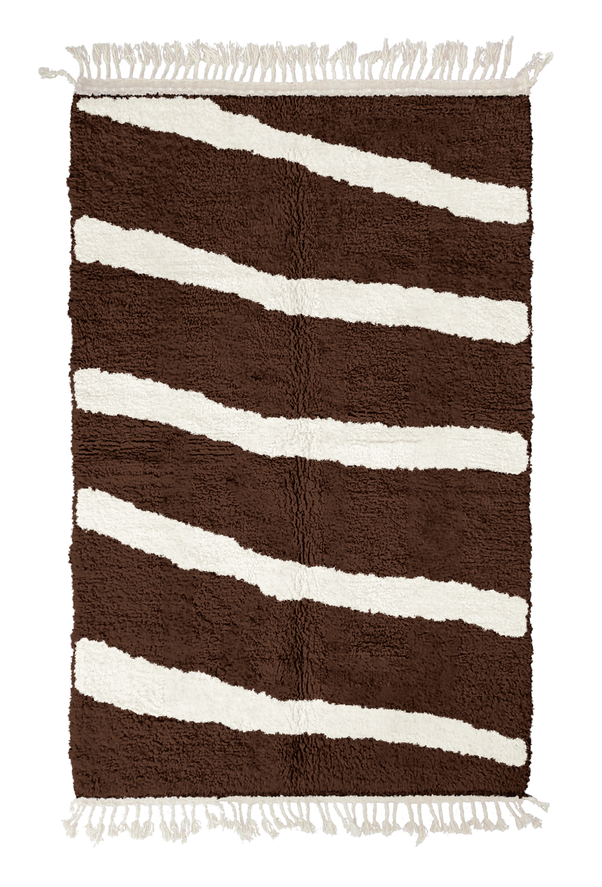 Open Stride zebra stripe wool rug, cream stripes on dark espresso brown, full view from above with fringed ends