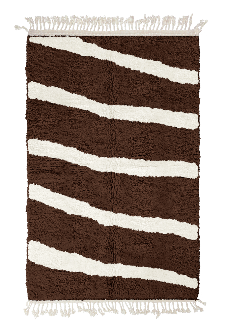 Open Stride zebra stripe wool rug, cream stripes on dark espresso brown, full view from above with fringed ends