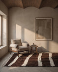 Load image into Gallery viewer, Cream and Dark Brown zebra stripe wool rug in a furnished room
