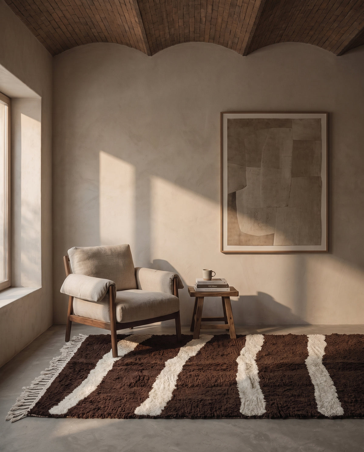 Cream and Dark Brown zebra stripe wool rug in a furnished room