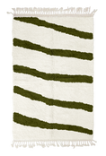 Load image into Gallery viewer, Open Stride zebra stripe wool rug, olive green stripes on cream, full view from above with fringed ends
