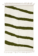 Open Stride zebra stripe wool rug, olive green stripes on cream, full view from above with fringed ends