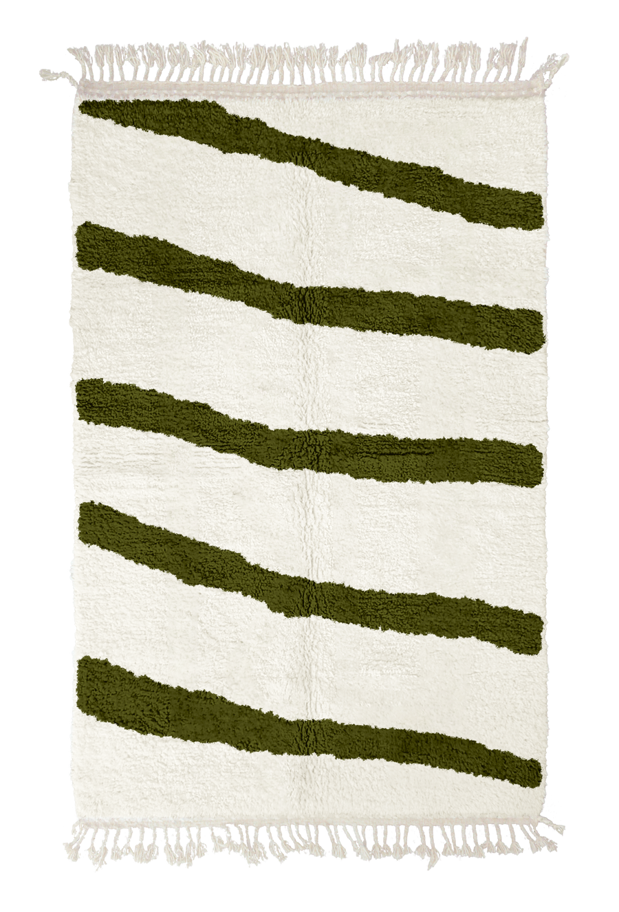 Open Stride zebra stripe wool rug, olive green stripes on cream, full view from above with fringed ends