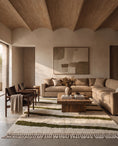 Load image into Gallery viewer, Olive Green and Cream zebra stripe wool rug in a furnished room

