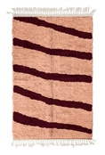 Load image into Gallery viewer, Open Stride zebra stripe wool rug, oxblood red stripes on blush pink, full view from above with fringed ends
