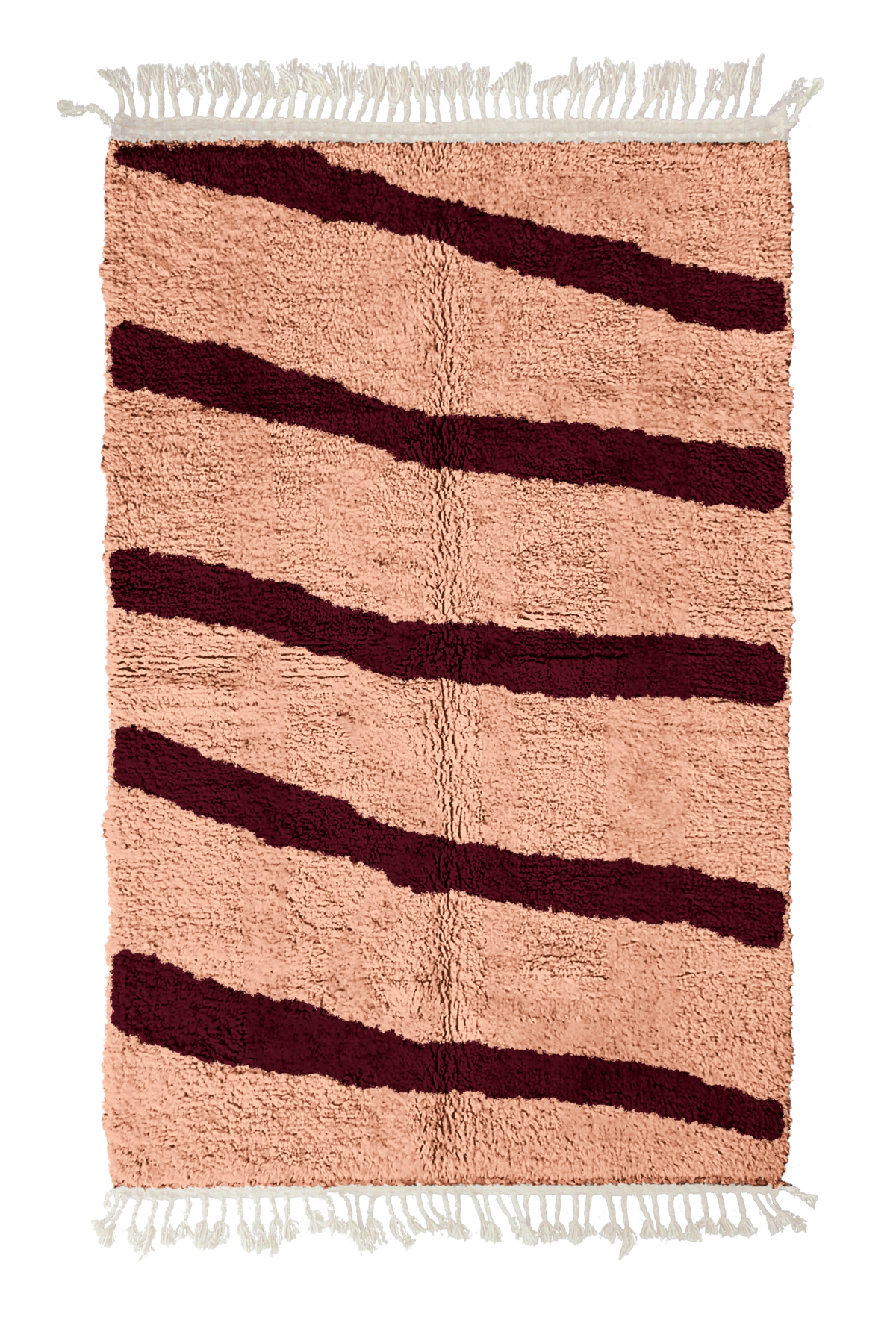 Open Stride zebra stripe wool rug, oxblood red stripes on blush pink, full view from above with fringed ends