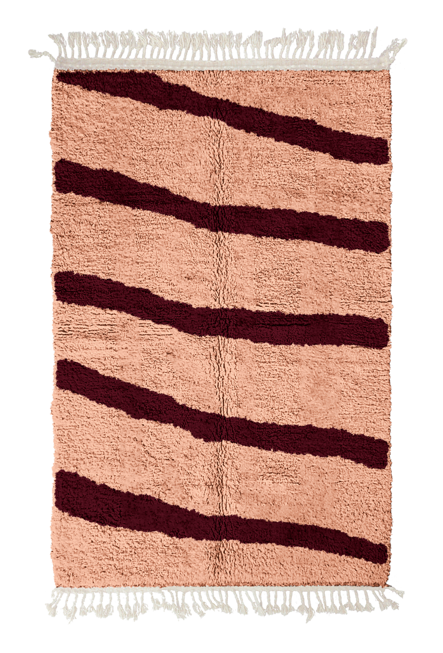 Open Stride zebra stripe wool rug, oxblood red stripes on blush pink, full view from above with fringed ends