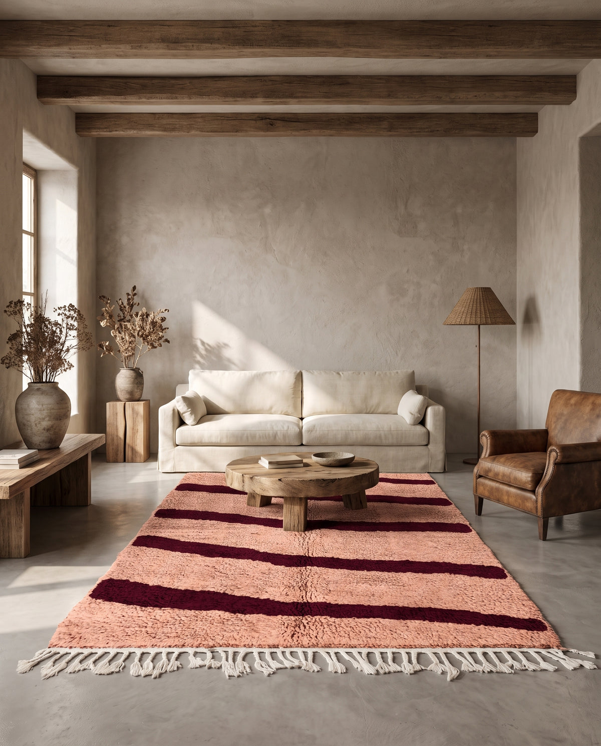 Burgundy and Blush Pink zebra stripe wool rug in a furnished room