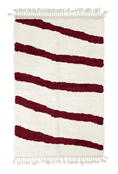 Load image into Gallery viewer, Open Stride zebra stripe wool rug, burgundy stripes on cream, full view from above with fringed ends
