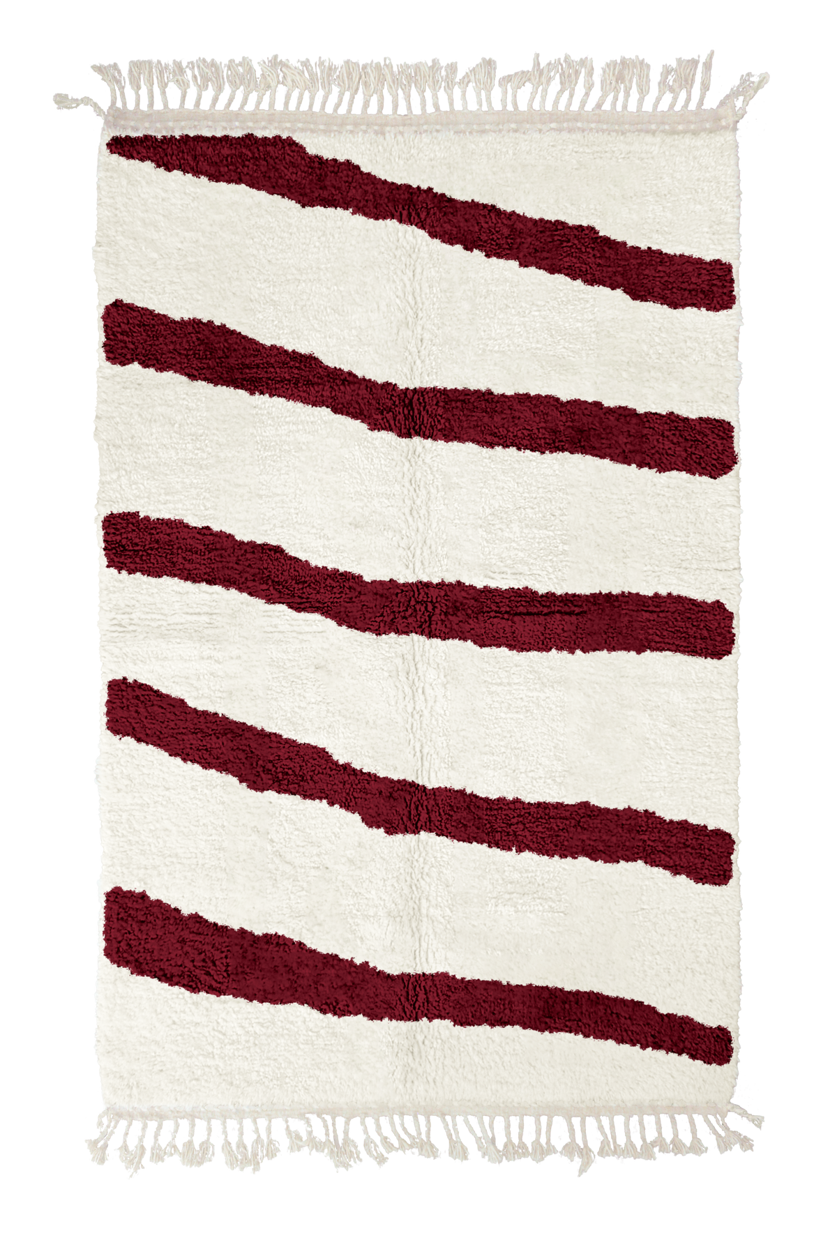 Open Stride zebra stripe wool rug, burgundy stripes on cream, full view from above with fringed ends