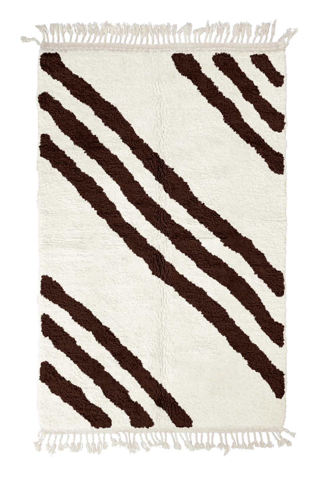 Cluster Stride zebra stripe wool rug, dark brown stripes on cream, full view from above with fringed ends