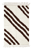 Load image into Gallery viewer, Cluster Stride zebra stripe wool rug, dark brown stripes on cream, full view from above with fringed ends
