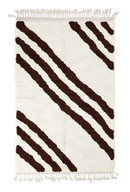 Cluster Stride zebra stripe wool rug, dark brown stripes on cream, full view from above with fringed ends