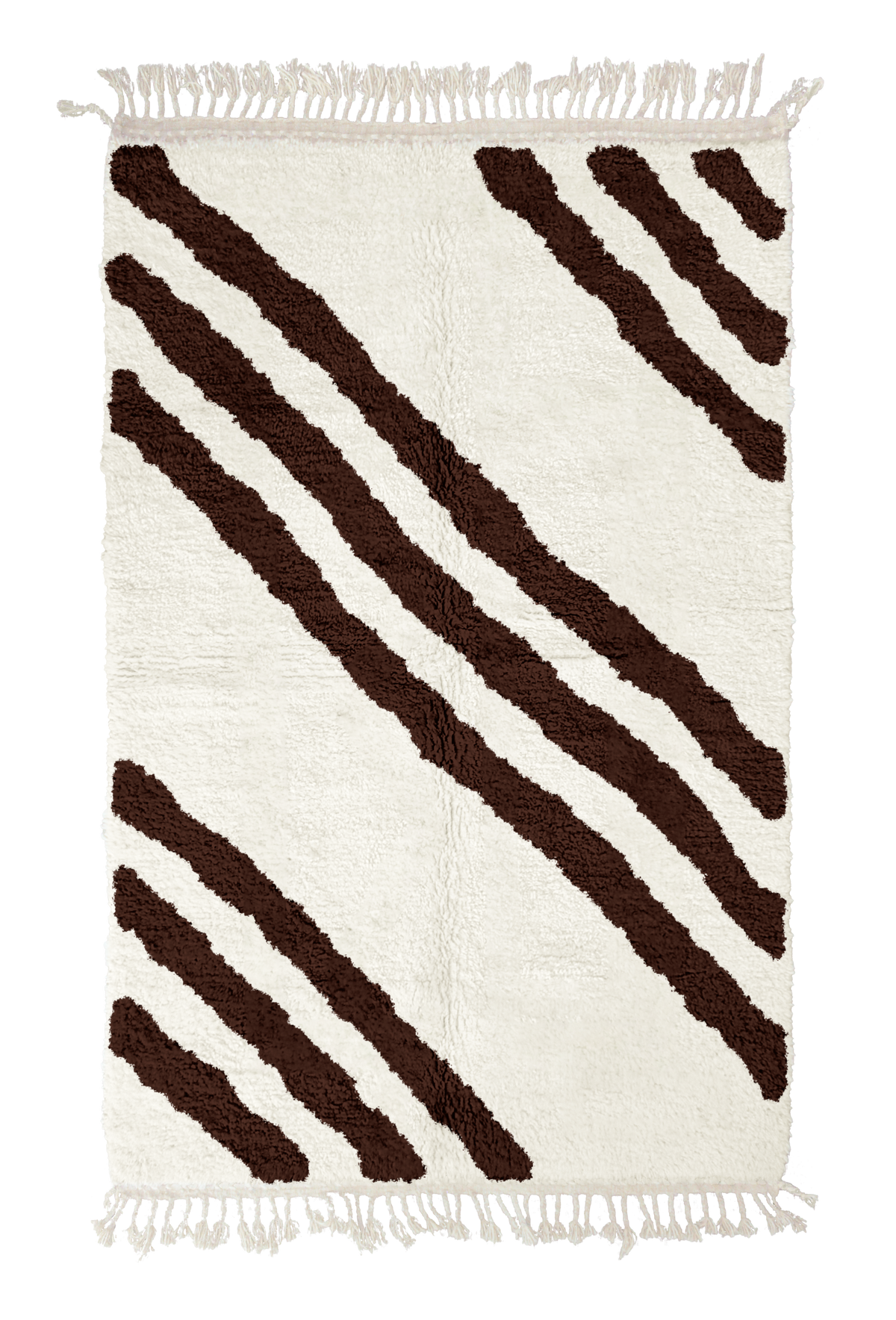Cluster Stride zebra stripe wool rug, dark brown stripes on cream, full view from above with fringed ends