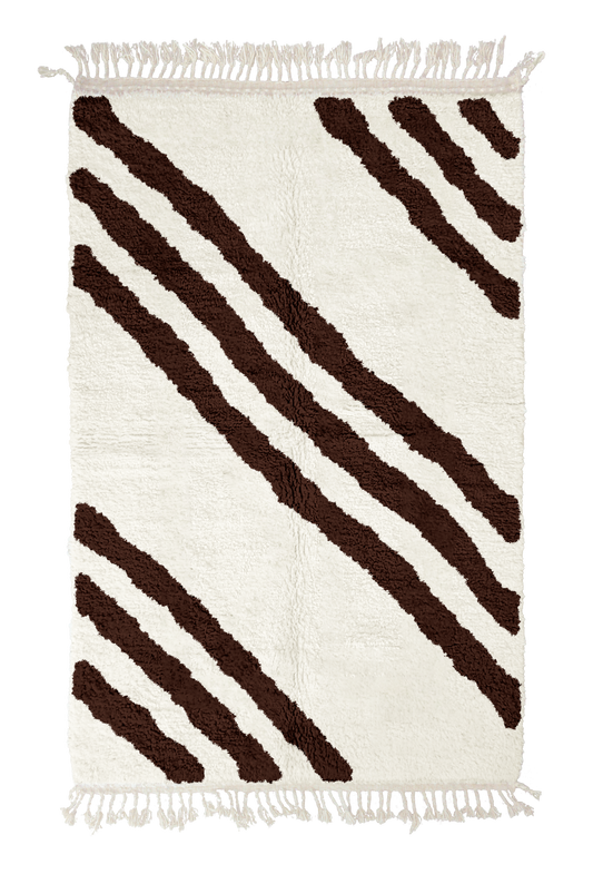 Cluster Stride zebra stripe wool rug, dark brown stripes on cream, full view from above with fringed ends
