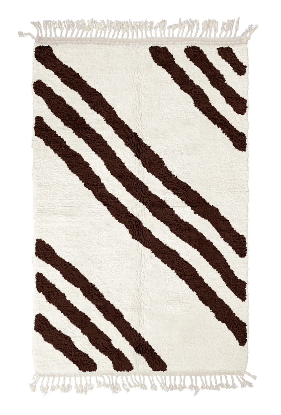 Cluster Stride zebra stripe wool rug, dark brown stripes on cream, full view from above with fringed ends