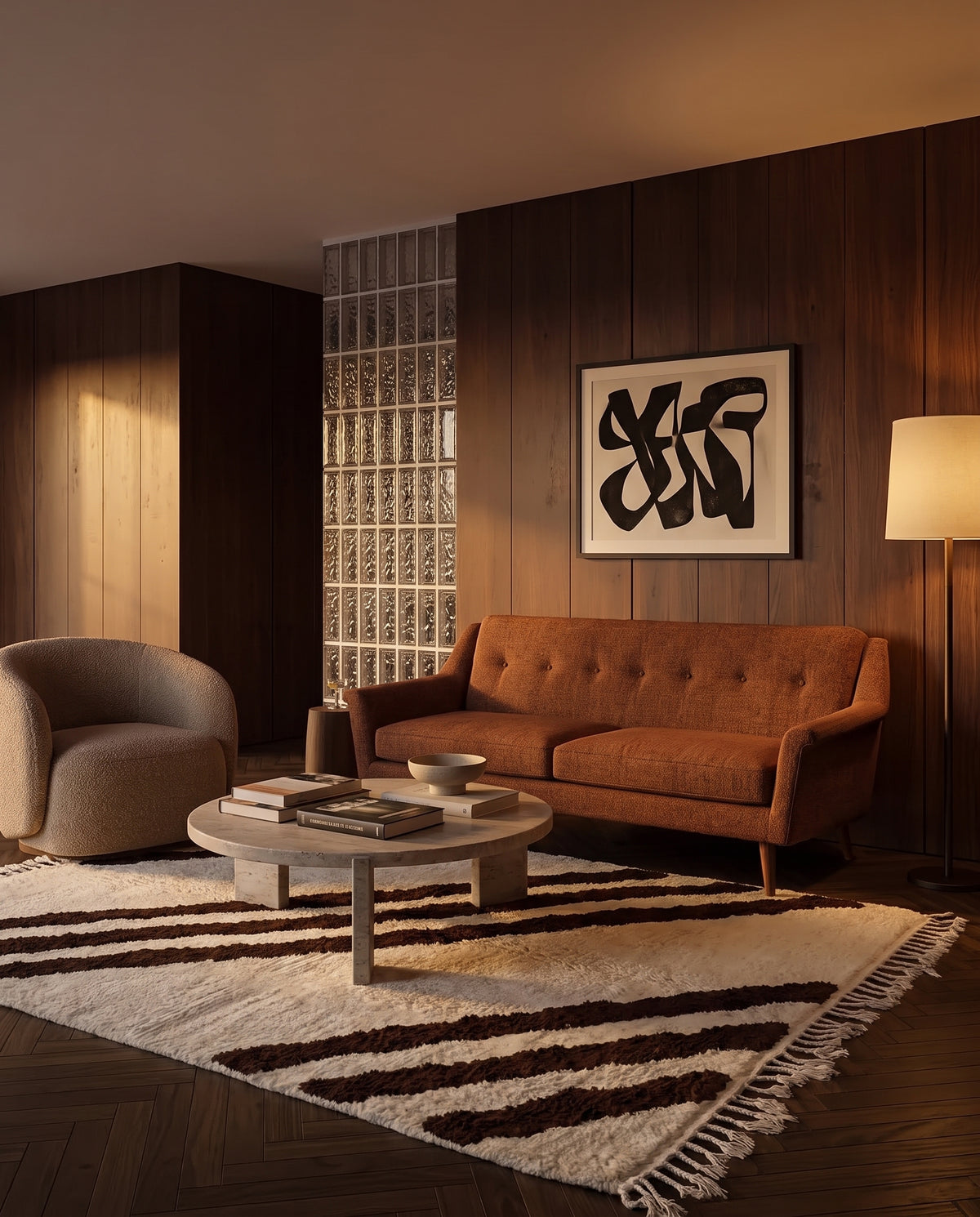 Brown and Cream zebra stripe wool rug in a furnished room