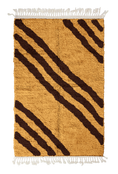 Load image into Gallery viewer, Cluster Stride zebra stripe wool rug, dark brown stripes on ochre yellow, full view from above with fringed ends
