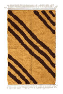 Cluster Stride zebra stripe wool rug, dark brown stripes on ochre yellow, full view from above with fringed ends