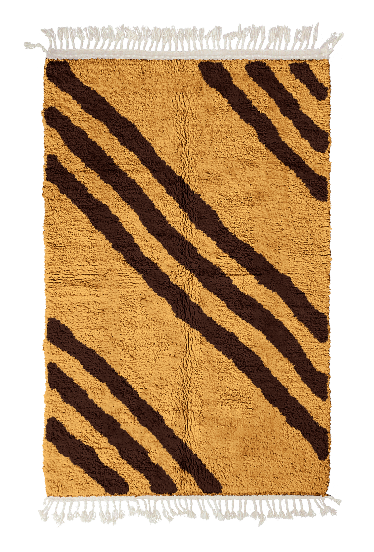 Cluster Stride zebra stripe wool rug, dark brown stripes on ochre yellow, full view from above with fringed ends