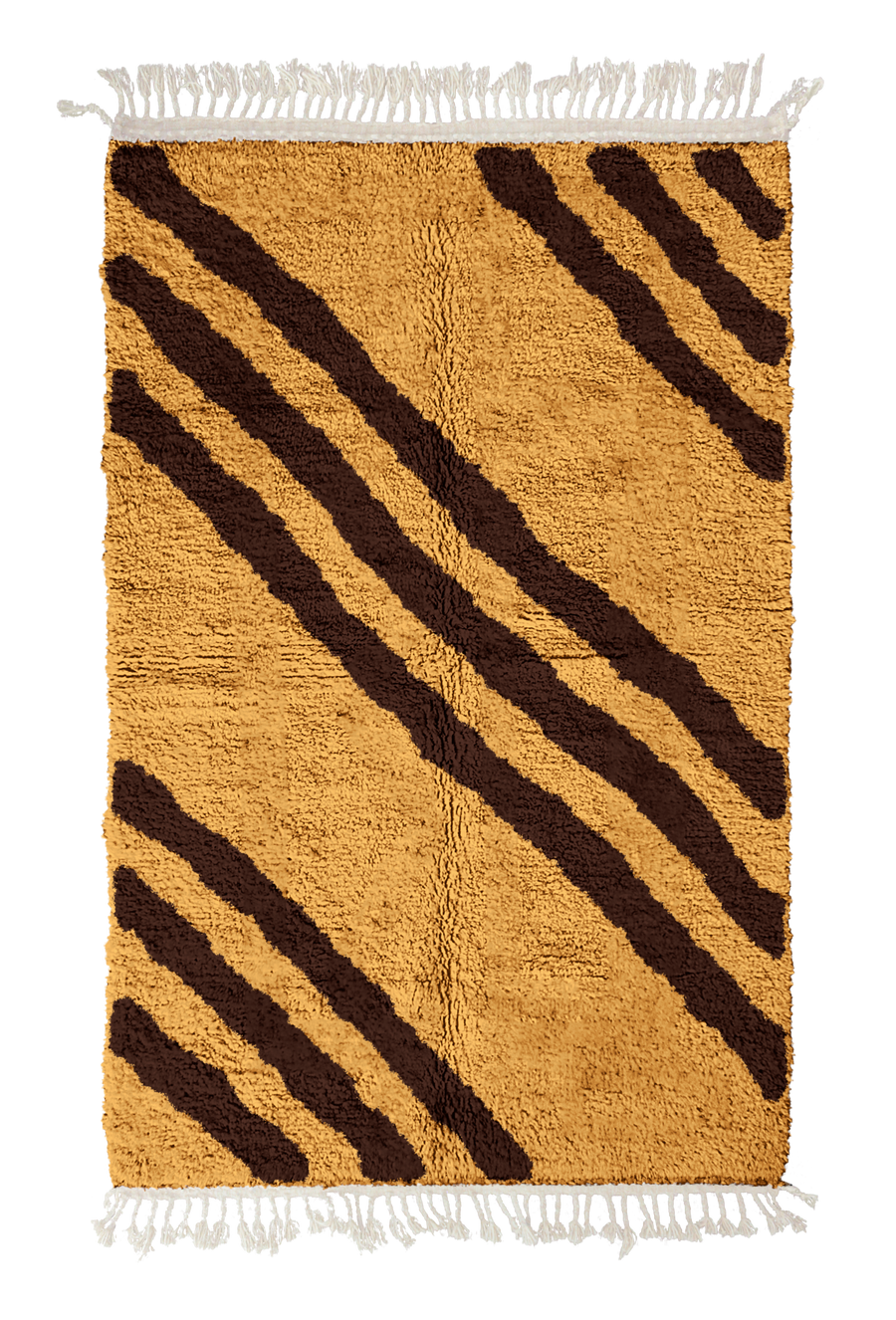 Cluster Stride zebra stripe wool rug, dark brown stripes on ochre yellow, full view from above with fringed ends