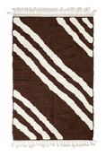 Load image into Gallery viewer, Cluster Stride zebra stripe wool rug, cream stripes on dark espresso brown, full view from above with fringed ends

