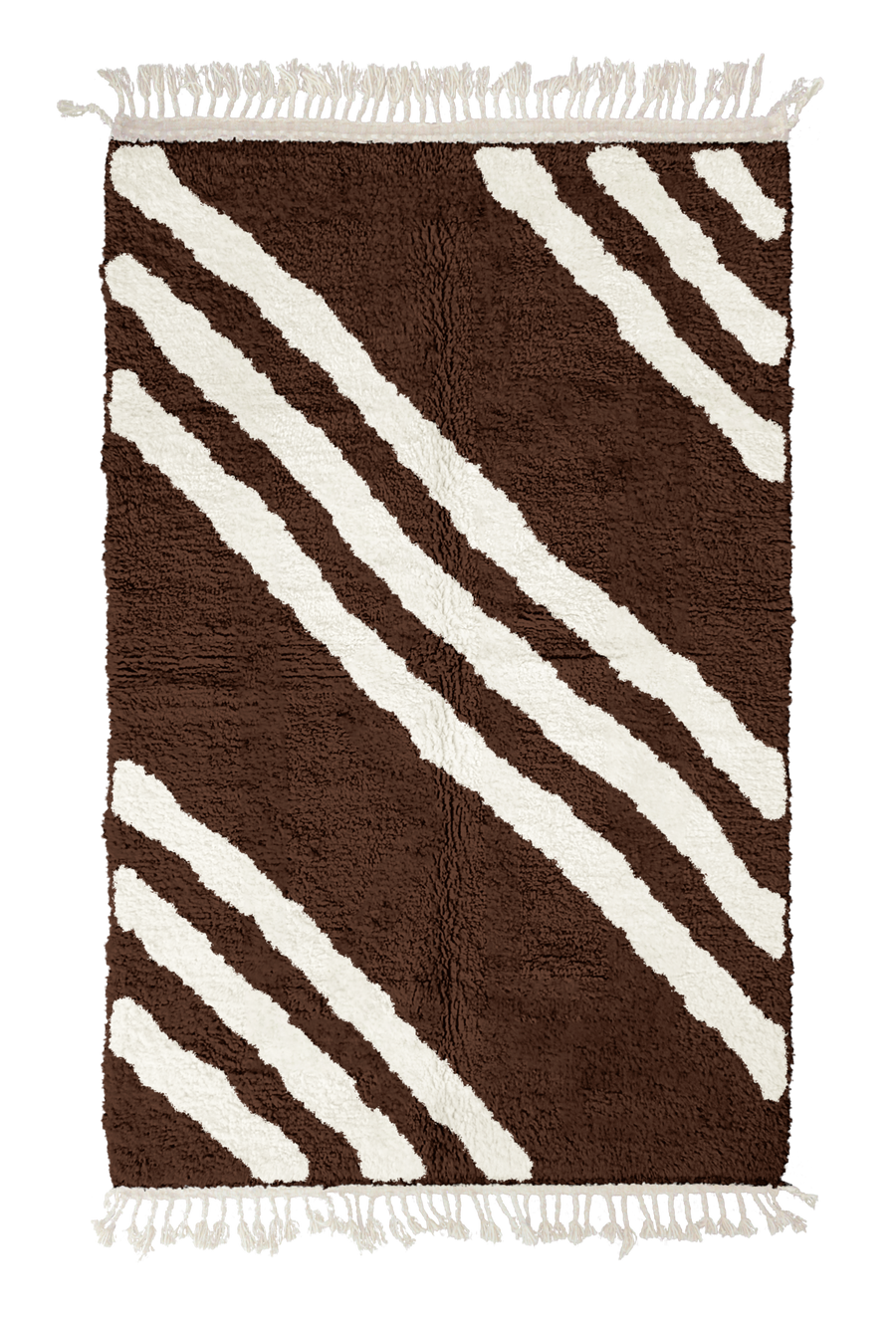 Cluster Stride zebra stripe wool rug, cream stripes on dark espresso brown, full view from above with fringed ends