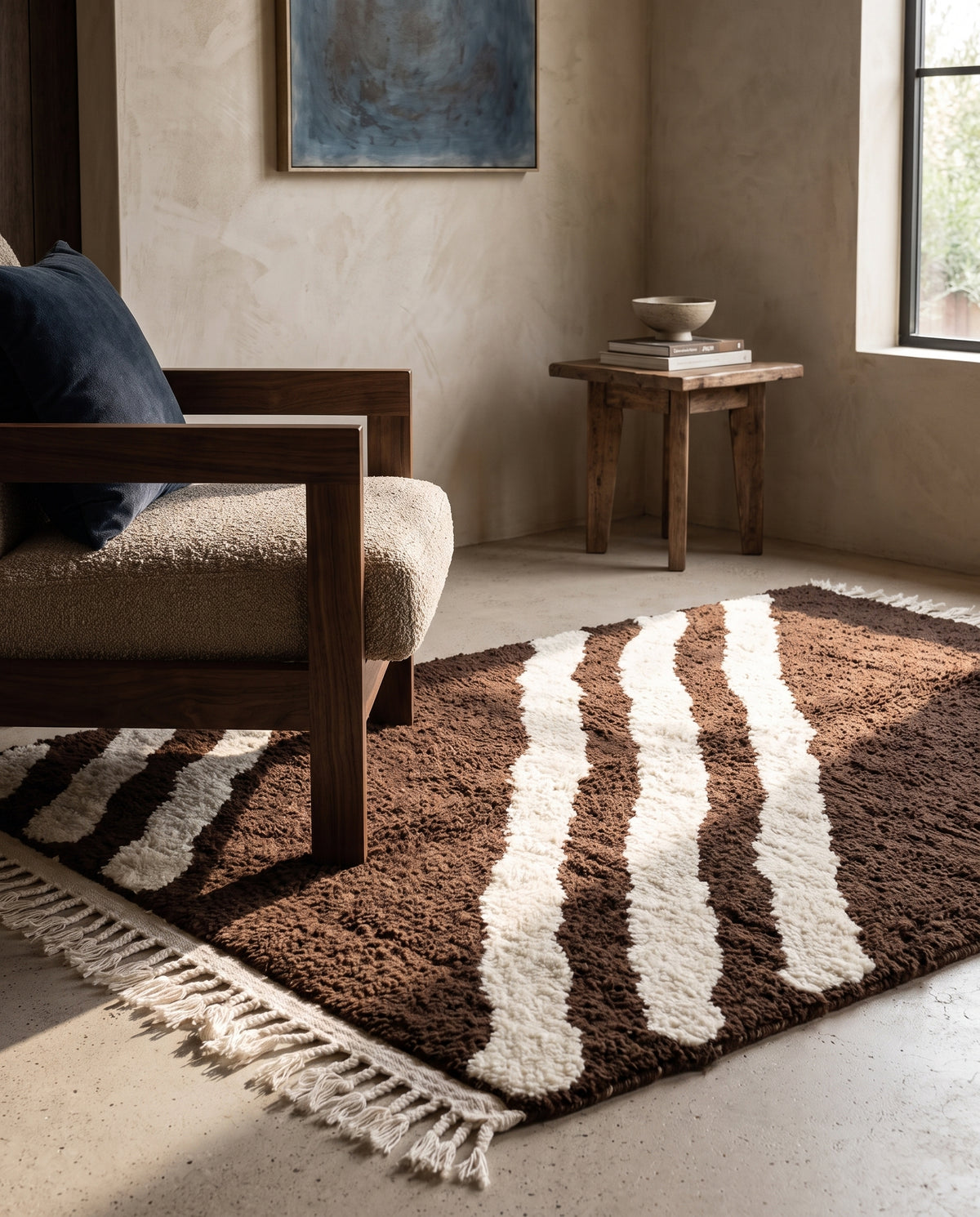 Cream and Dark Brown zebra stripe wool rug in a furnished room