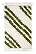Load image into Gallery viewer, Cluster Stride zebra stripe wool rug, olive green stripes on cream, full view from above with fringed ends
