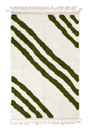 Cluster Stride zebra stripe wool rug, olive green stripes on cream, full view from above with fringed ends