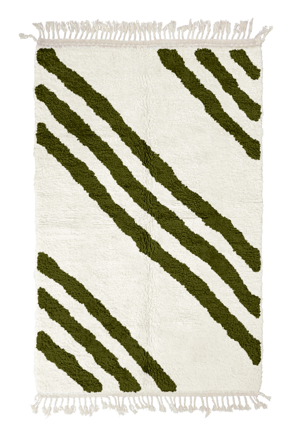 Cluster Stride zebra stripe wool rug, olive green stripes on cream, full view from above with fringed ends