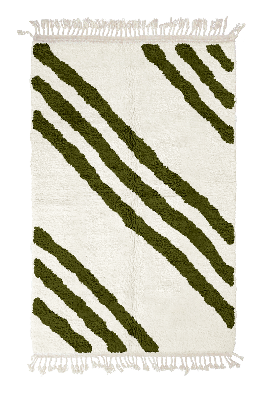 Cluster Stride zebra stripe wool rug, olive green stripes on cream, full view from above with fringed ends