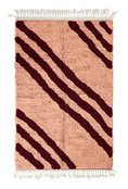 Load image into Gallery viewer, Cluster Stride zebra stripe wool rug, oxblood red stripes on blush pink, full view from above with fringed ends

