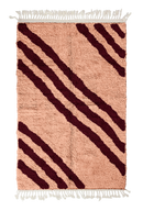 Cluster Stride zebra stripe wool rug, oxblood red stripes on blush pink, full view from above with fringed ends