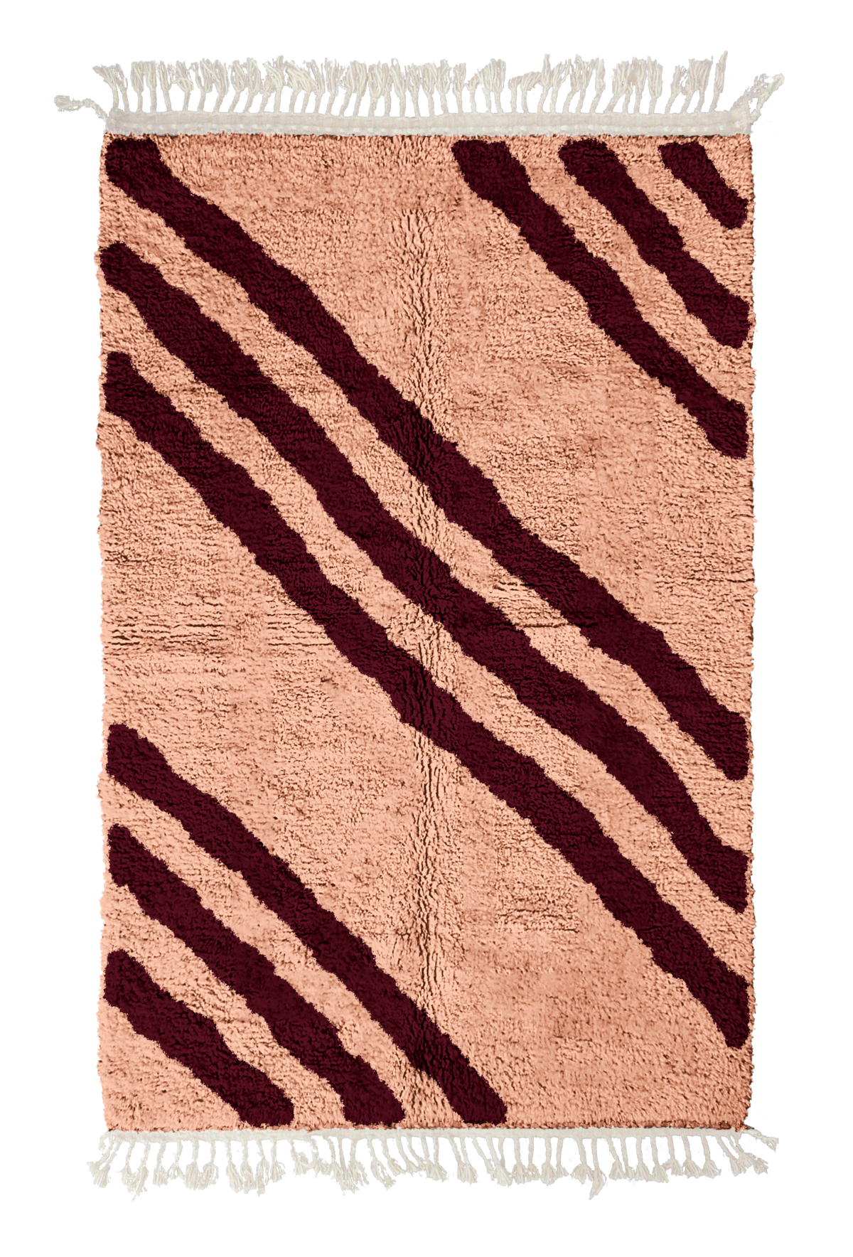Cluster Stride zebra stripe wool rug, oxblood red stripes on blush pink, full view from above with fringed ends