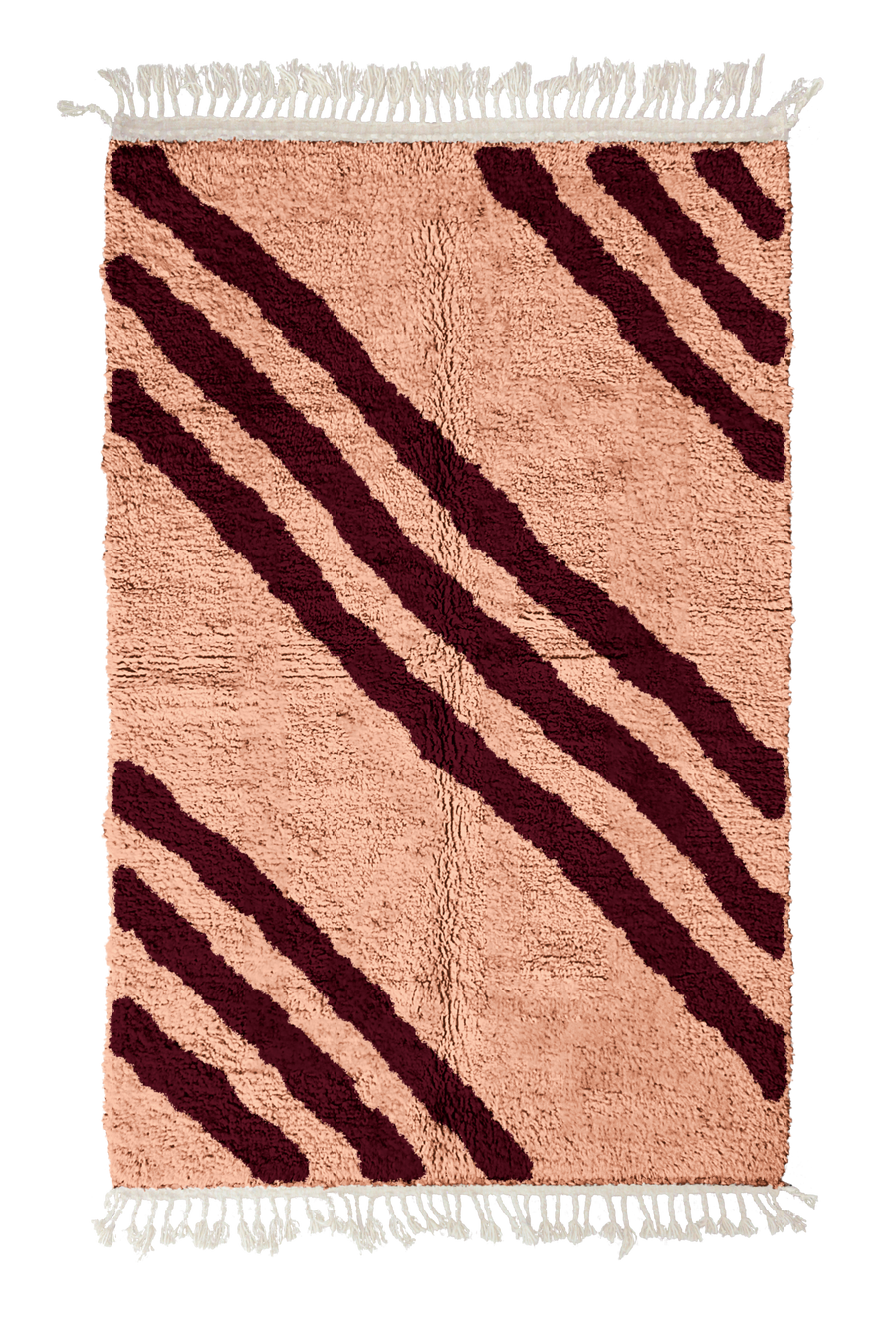 Cluster Stride zebra stripe wool rug, oxblood red stripes on blush pink, full view from above with fringed ends