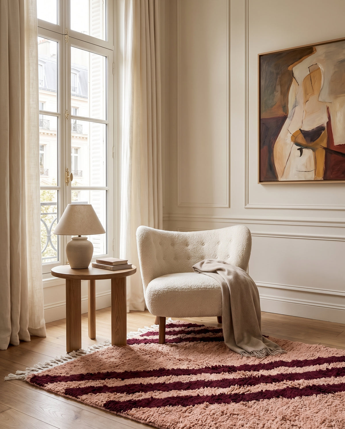 Burgundy and Blush Pink zebra stripe wool rug in a furnished room
