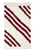 Load image into Gallery viewer, Cluster Stride zebra stripe wool rug, burgundy stripes on cream, full view from above with fringed ends
