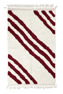 Cluster Stride zebra stripe wool rug, burgundy stripes on cream, full view from above with fringed ends
