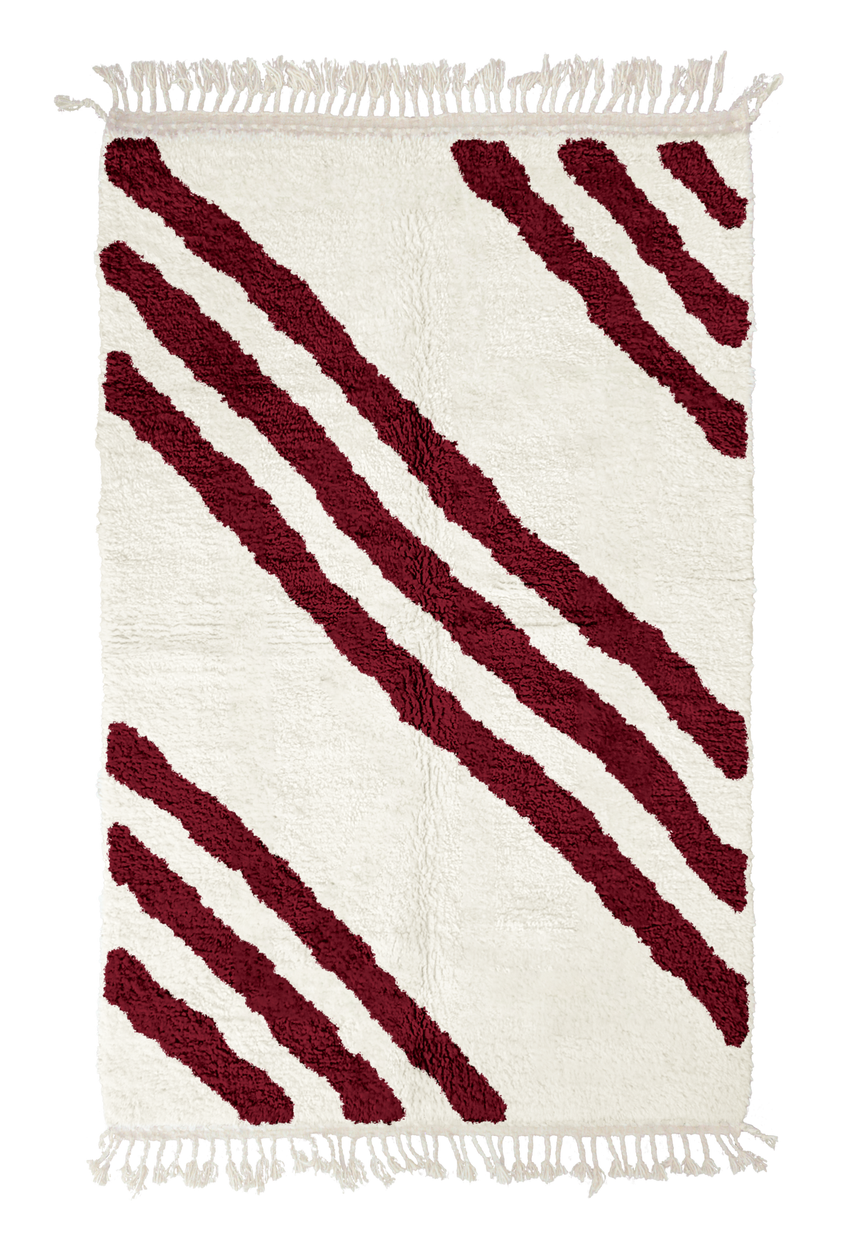 Cluster Stride zebra stripe wool rug, burgundy stripes on cream, full view from above with fringed ends