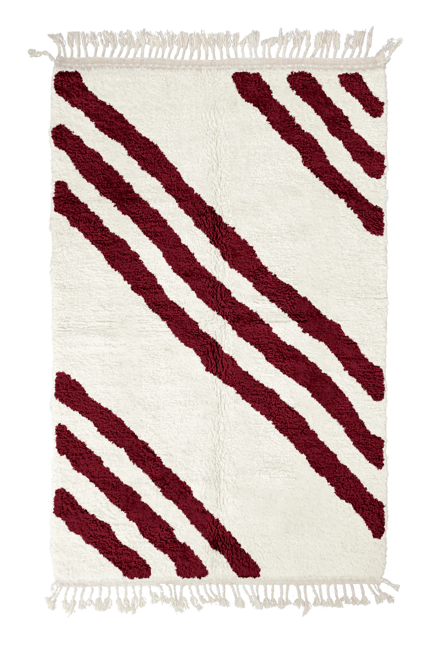 Cluster Stride zebra stripe wool rug, burgundy stripes on cream, full view from above with fringed ends