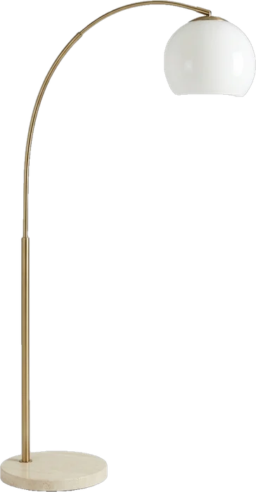 Brass arc floor lamp with a glass globe