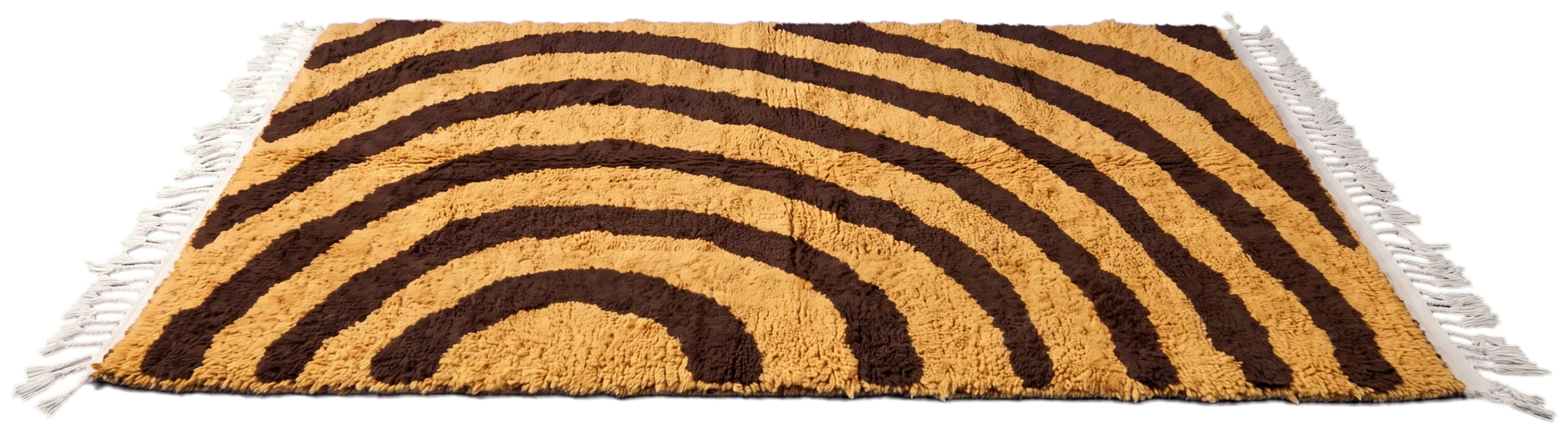 Arc Stride zebra stripe wool rug in brown on ochre, laid flat