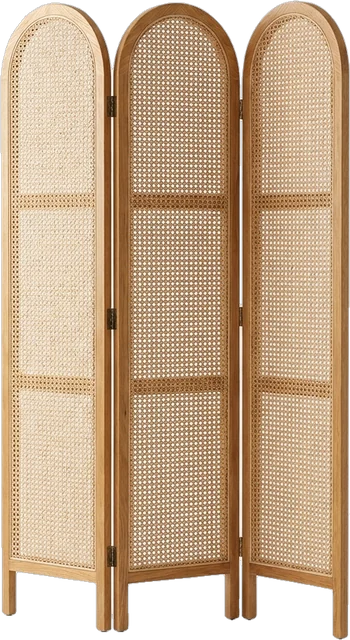 Arched oak and rattan cane screen