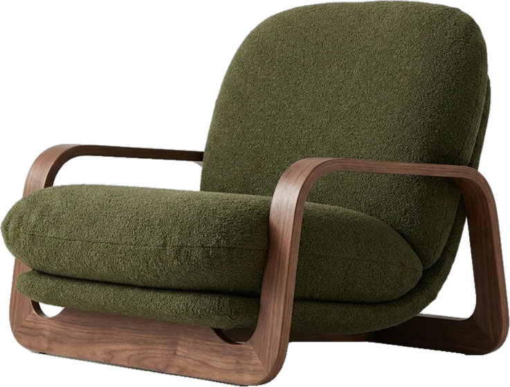 Olive boucle lounge chair on a walnut frame