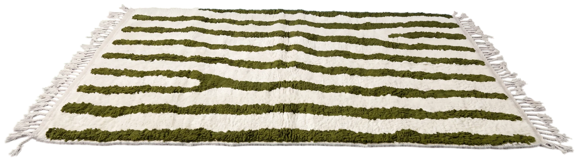 Long Stride zebra stripe wool rug in olive on cream, laid flat